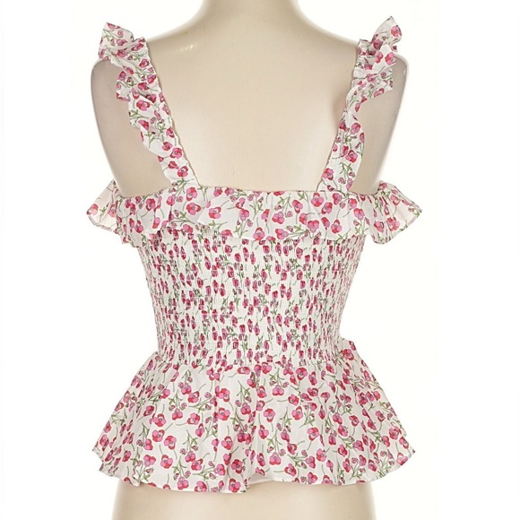 J. Crew Liberty Fabric 100% cotton white & pink floral smocked ruffle top XS - Picture 2 of 11
